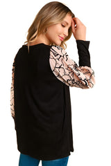 Velvet Burnout Mesh Puff Sleeve Top - Black/Taupe