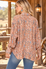 Rustic Charm Geometric Print Button-Down Blouse