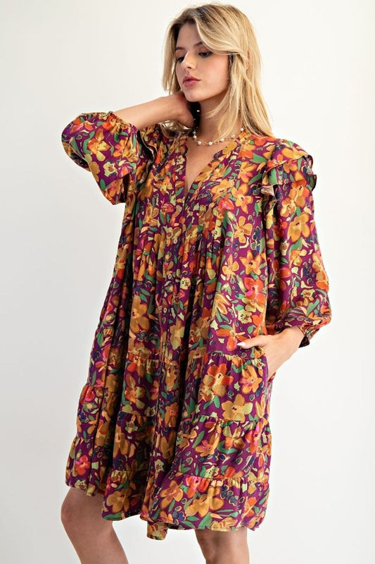 Easel Floral Print Puffy Sleeve Dress - Eggplant