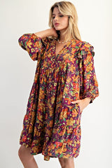 Easel Floral Print Puffy Sleeve Dress - Eggplant
