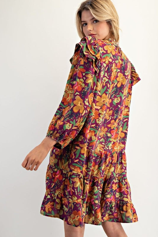 Easel Floral Print Puffy Sleeve Dress - Eggplant