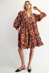 Easel Floral Print Puffy Sleeve Dress - Eggplant
