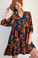 Easel Floral Print Challis Puff Sleeve Dress - Woodnight
