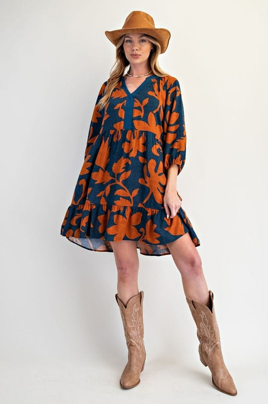 Easel Floral Print Challis Puff Sleeve Dress - Woodnight