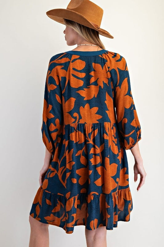 Easel Floral Print Challis Puff Sleeve Dress - Woodnight