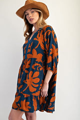 Easel Floral Print Challis Puff Sleeve Dress - Woodnight