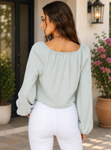 Sage Tie Front Peasant Crop Blouse by Angie