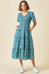 Polagram Smocked Tiered Leaf Print Midi Dress - Teal