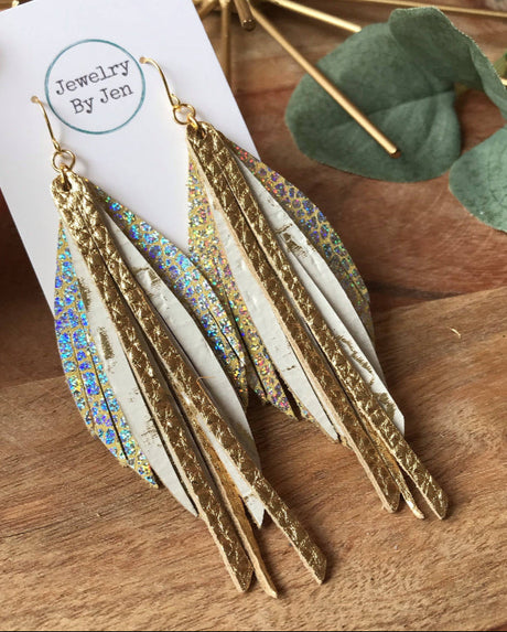 Fringe Earrings - Holographic Crackle, White Wildwood & Gold