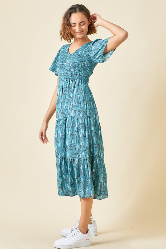 Polagram Smocked Tiered Leaf Print Midi Dress - Teal