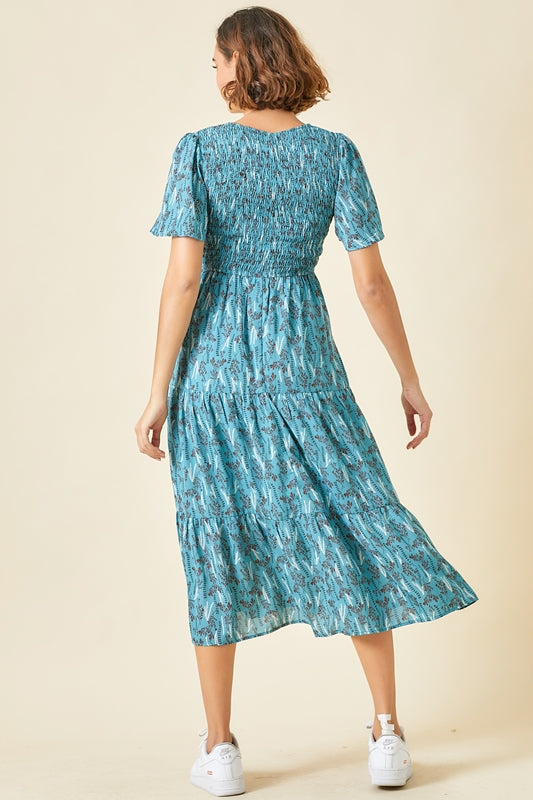 Polagram Smocked Tiered Leaf Print Midi Dress - Teal