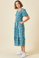 Polagram Smocked Tiered Leaf Print Midi Dress - Teal