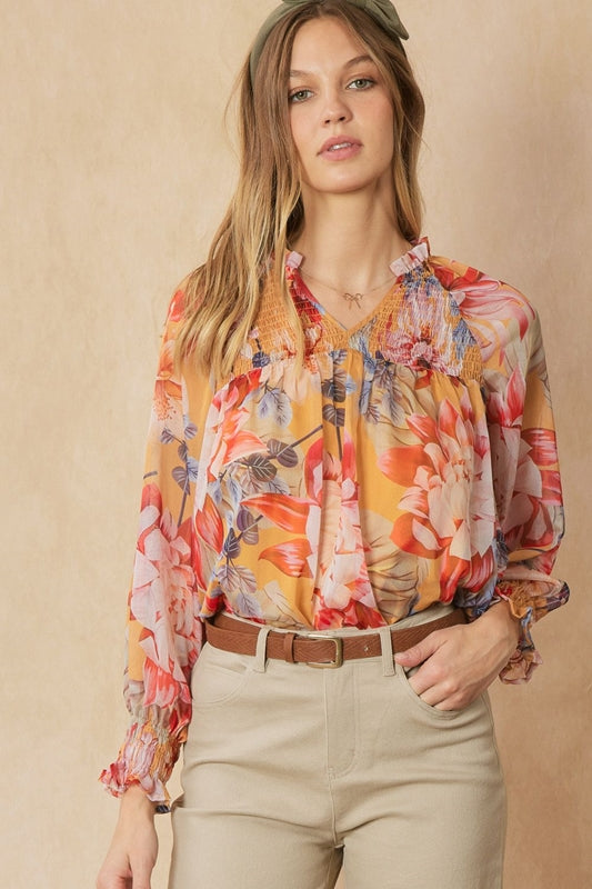 Entro Shirred Floral Print Blouse - Gold