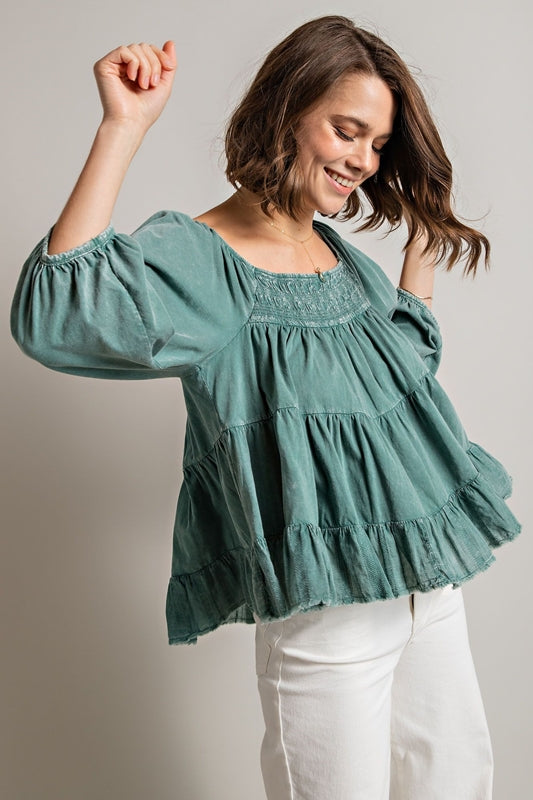 Easel Mineral Wash Tier Crop Top - Teal