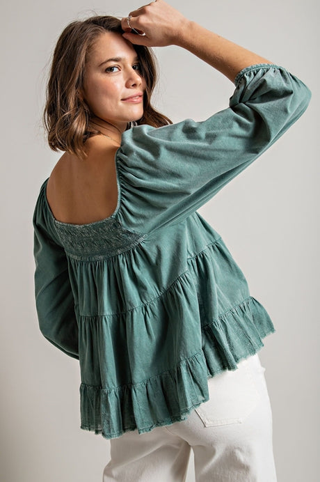 Easel Mineral Wash Tier Crop Top - Teal