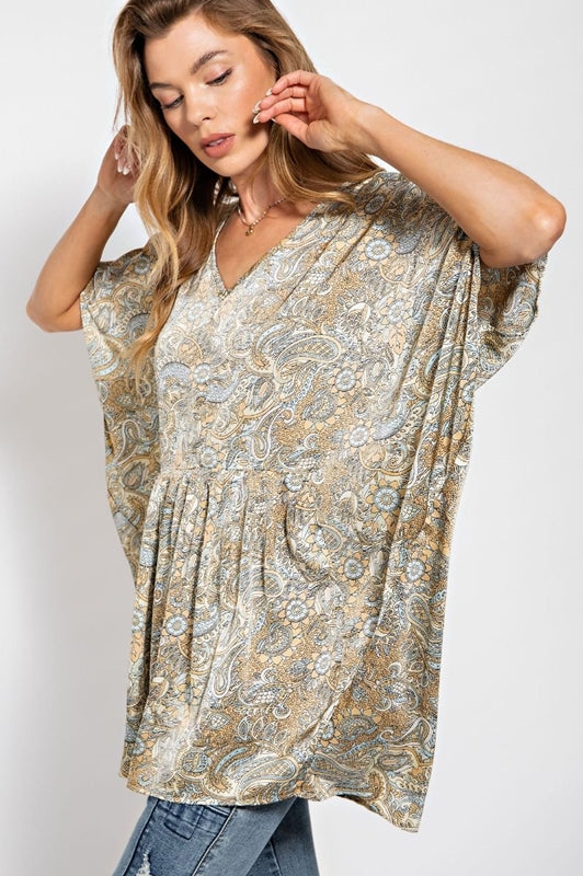 Easel Satin Paisley Print Blouse Angel Sleeves - Champagne