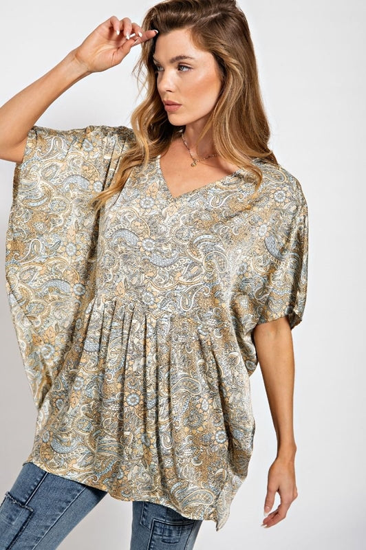 Easel Satin Paisley Print Blouse Angel Sleeves - Champagne