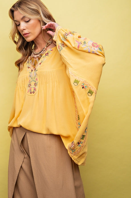 Easel Embroidered Boho Blouse - Straw Yellow