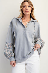 Easel Wash Plaid Henley Sweatshirt Hoodie - Ice Blue