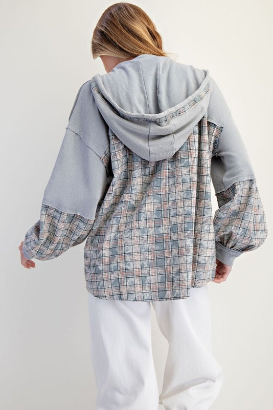 Easel Wash Plaid Henley Sweatshirt Hoodie - Ice Blue