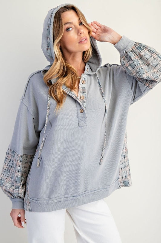 Easel Wash Plaid Henley Sweatshirt Hoodie - Ice Blue