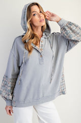 Easel Wash Plaid Henley Sweatshirt Hoodie - Ice Blue