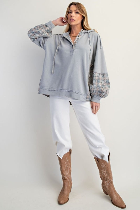 Easel Wash Plaid Henley Sweatshirt Hoodie - Ice Blue