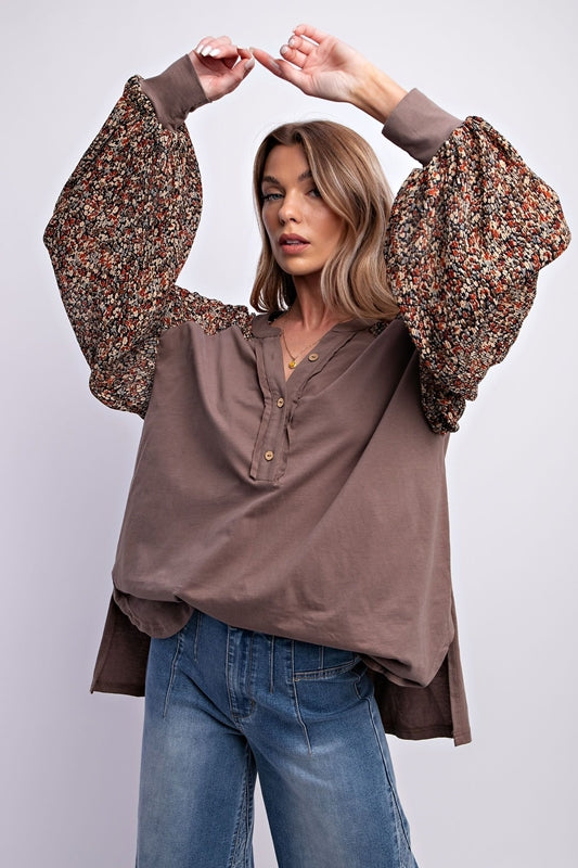 Easel Boxy Balloon Sleeve Top - Ash