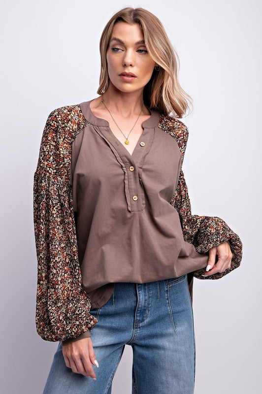 Easel Boxy Balloon Sleeve Top - Ash