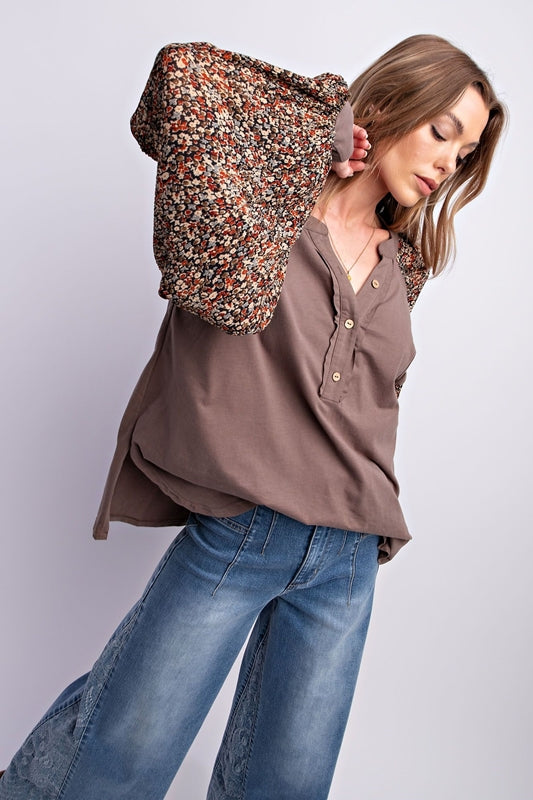 Easel Boxy Balloon Sleeve Top - Ash