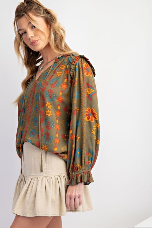 Easel Happiness Floral Print Blouse - Martini Olive