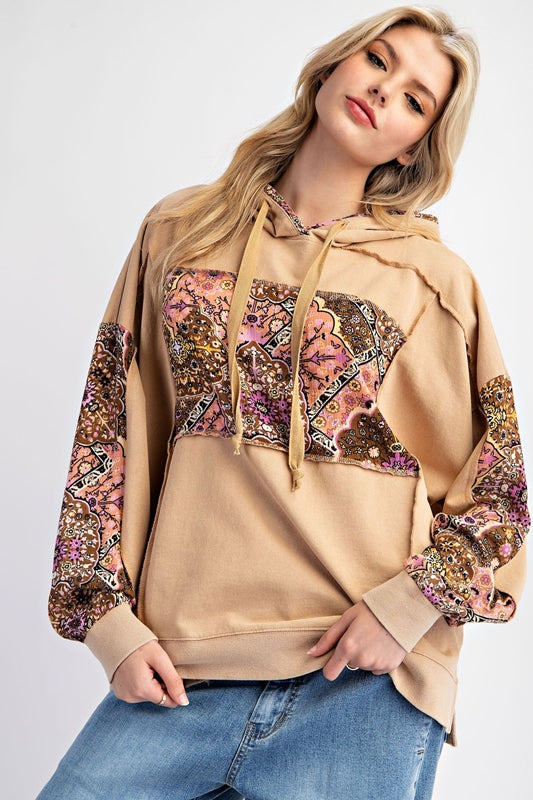 Easel Cotton Floral Patch Pullover Hoodie Sweatshirt - Bambi Beige