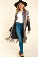 Tribal Shawl Cardigan with Fringe Tassel - Charcoal