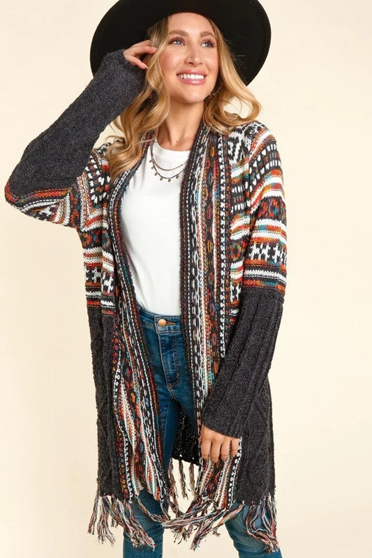 Tribal Shawl Cardigan with Fringe Tassel - Charcoal