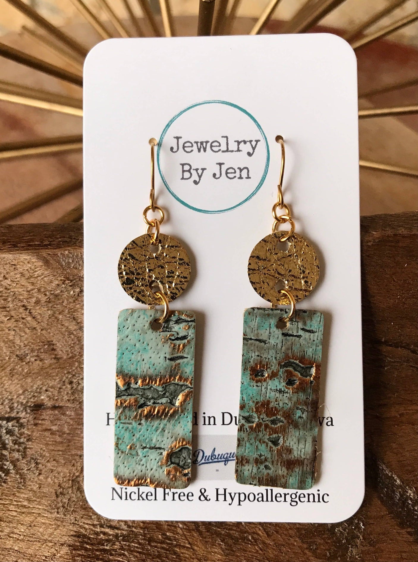 Small Leather Bar Earrings -  Gold & Turquoise Wildwood