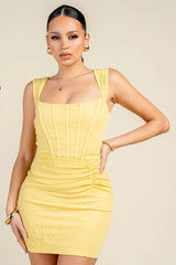 Pleat Strap Corset Seam Ruched Mini Dress - Yellow