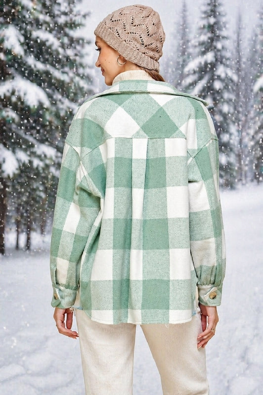 Lime N Chili Plaid Shacket Flannel Lined Coat - Sage/Ivory