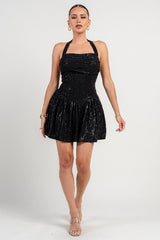 Sequin Halter Corset Flare Mini Dress - Black