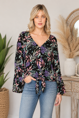 Kyemi Tropical Print Bell Sleeve Tie Front Blouse  - Black