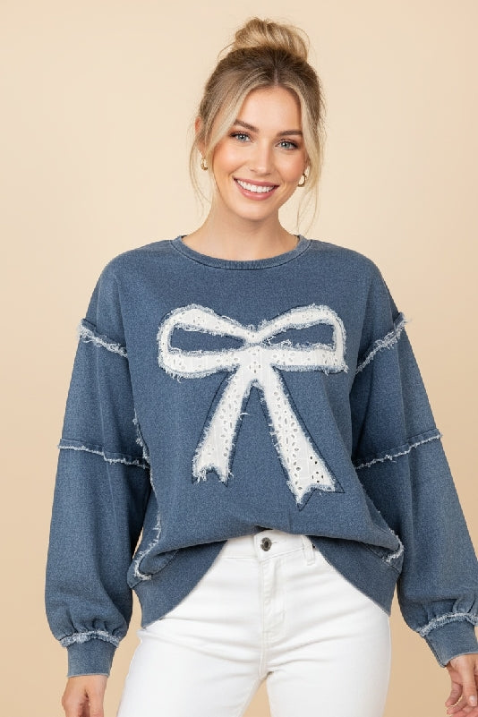 Denim-Style Eyelet Bow Sweatshirt - Dk Denim