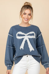 Denim-Style Eyelet Bow Sweatshirt - Dk Denim