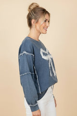 Denim-Style Eyelet Bow Sweatshirt - Dk Denim