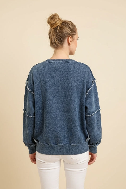 Denim-Style Eyelet Bow Sweatshirt - Dk Denim