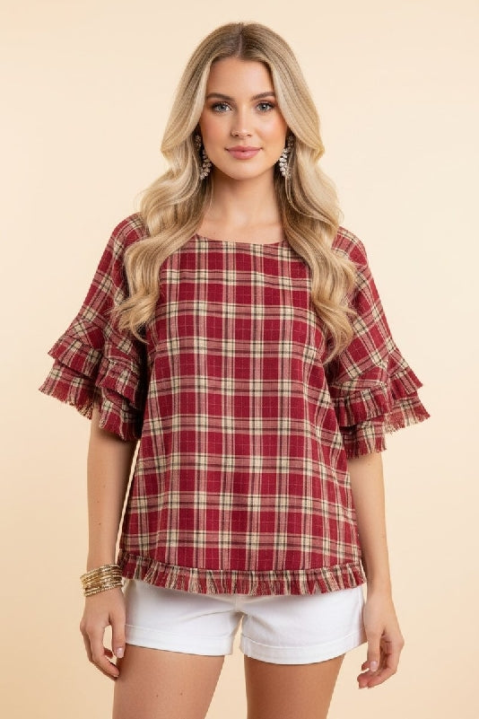 Plaid Ruffle Sleeve Blouse – Burgundy & Cream Check - Red