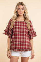 Plaid Ruffle Sleeve Blouse – Burgundy & Cream Check - Red