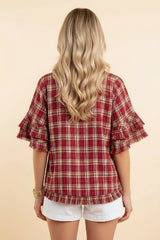 Plaid Ruffle Sleeve Blouse – Burgundy & Cream Check - Red