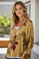 Catherine Lillywhite Made in Italy Floral Layer Top with Necklace – Mustard Multi