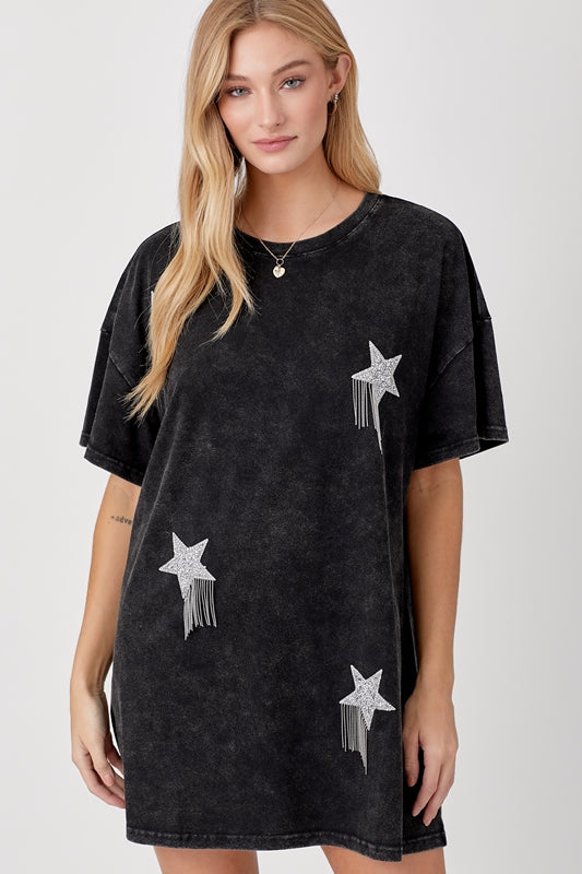 Star Patch T Shirt Tunic Top - Washed Black