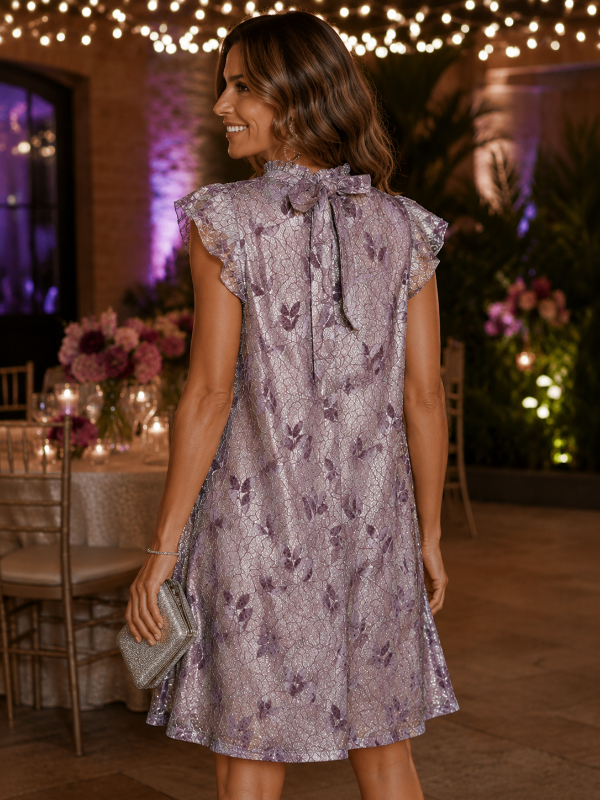 Pale Plum Glitter & Velvet Leaf Ruffle Sleeve Dress
