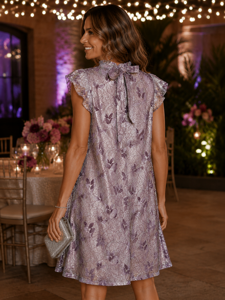 Pale Plum Glitter & Velvet Leaf Ruffle Sleeve Dress